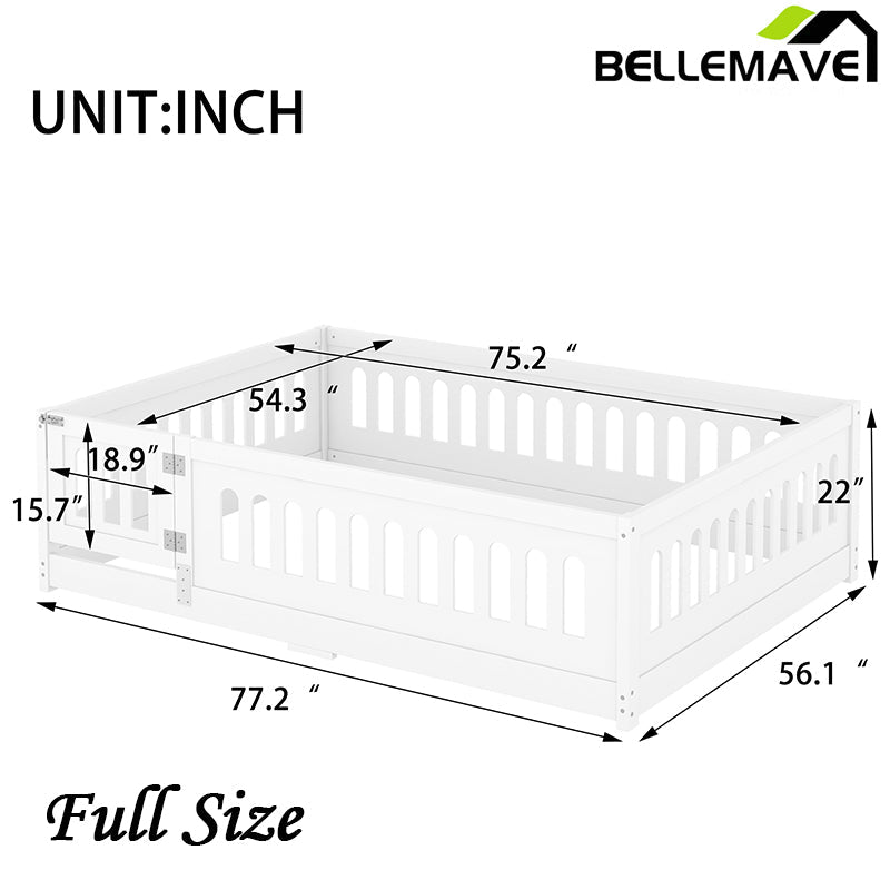 Bellemave® Solid Wood Floor Bed with Heightened Safety Guardrails and Door, No Slats Included - Bellemave