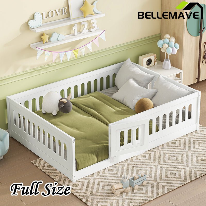 Bellemave® Solid Wood Floor Bed with Heightened Safety Guardrails and Door, No Slats Included - Bellemave