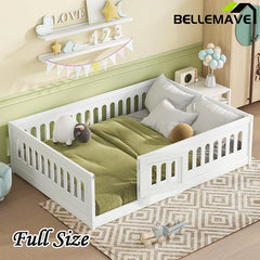 Bellemave® Solid Wood Floor Bed with Heightened Safety Guardrails and Door, No Slats Included - Bellemave
