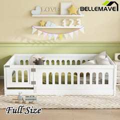 Bellemave® Solid Wood Floor Bed with Heightened Safety Guardrails and Door, No Slats Included - Bellemave