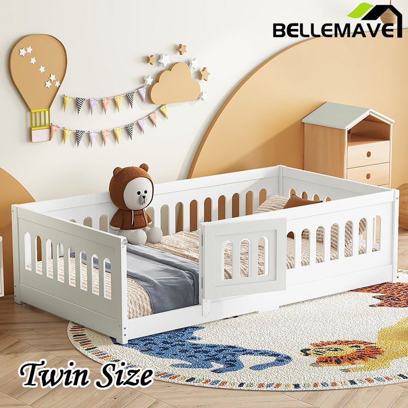 Bellemave® Solid Wood Floor Bed with Heightened Safety Guardrails and Door, No Slats Included - Bellemave