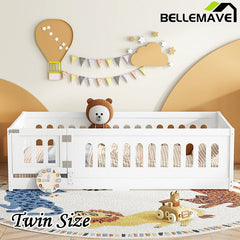 Bellemave® Solid Wood Floor Bed with Heightened Safety Guardrails and Door, No Slats Included - Bellemave