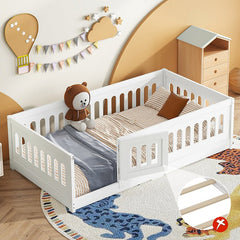 Bellemave® Solid Wood Floor Bed with Heightened Safety Guardrails and Door, No Slats Included - Bellemave