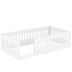 Bellemave® Solid Wood Floor Bed with Heightened Safety Guardrails and Door, No Slats Included - Bellemave