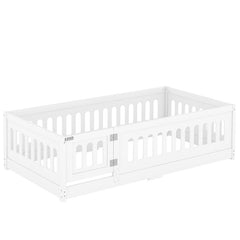 Bellemave® Solid Wood Floor Bed with Heightened Safety Guardrails and Door, No Slats Included - Bellemave