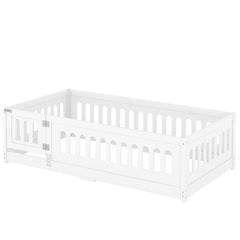 Bellemave® Solid Wood Floor Bed with Heightened Safety Guardrails and Door, No Slats Included - Bellemave