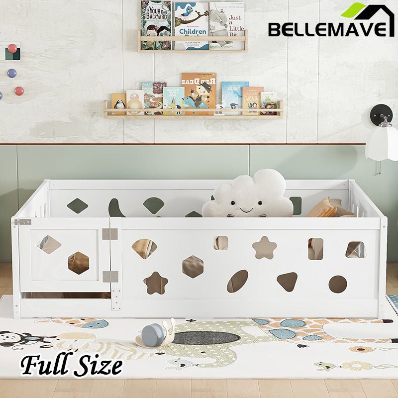 Bellemave® Solid Wood Floor Bed with Heightened Safety Guardrails and Door(No Slats Included) - Bellemave