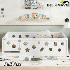 Bellemave® Solid Wood Floor Bed with Heightened Safety Guardrails and Door(No Slats Included) - Bellemave