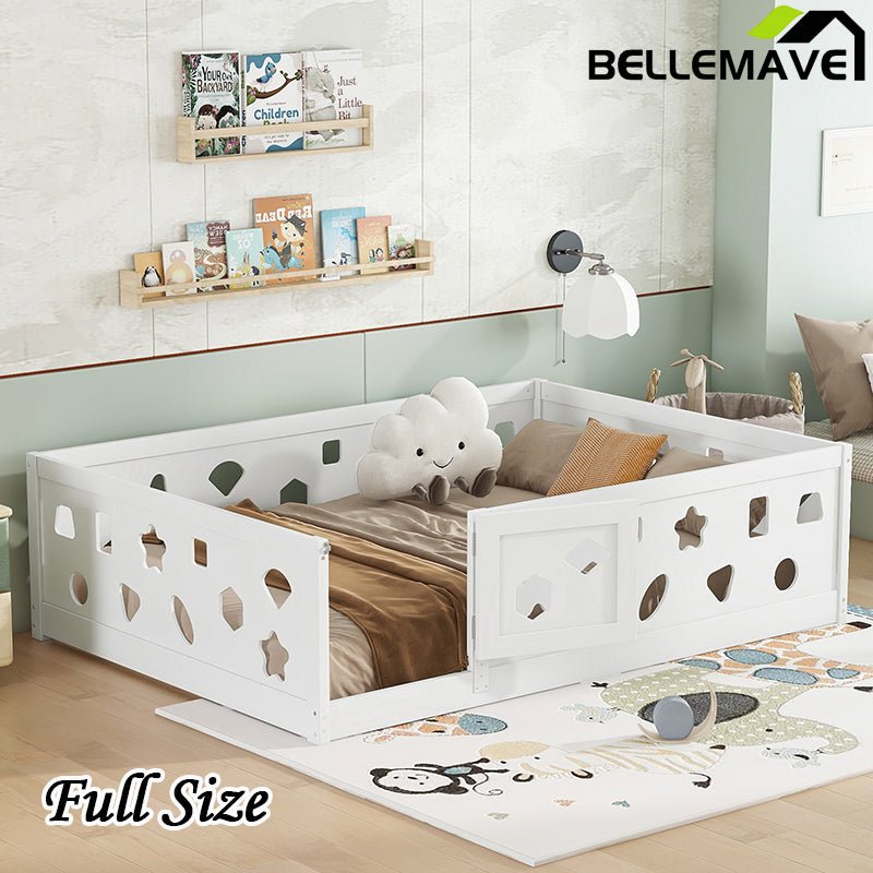 Bellemave® Solid Wood Floor Bed with Heightened Safety Guardrails and Door(No Slats Included) - Bellemave