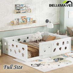 Bellemave® Solid Wood Floor Bed with Heightened Safety Guardrails and Door(No Slats Included) - Bellemave
