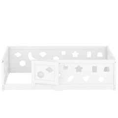 Bellemave® Solid Wood Floor Bed with Heightened Safety Guardrails and Door(No Slats Included) - Bellemave