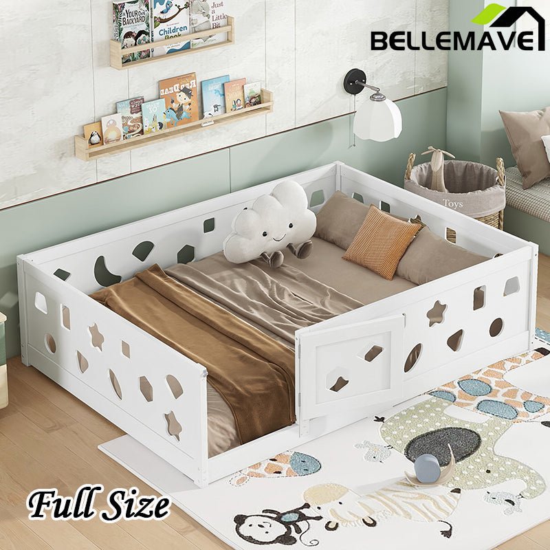 Bellemave® Solid Wood Floor Bed with Heightened Safety Guardrails and Door(No Slats Included) - Bellemave