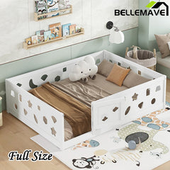 Bellemave® Solid Wood Floor Bed with Heightened Safety Guardrails and Door(No Slats Included) - Bellemave