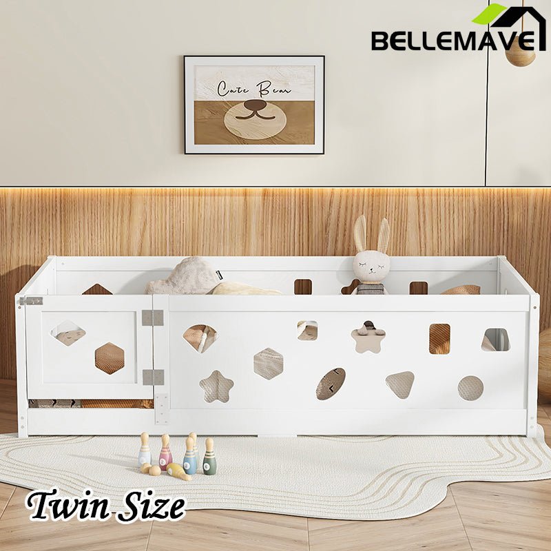 Bellemave® Solid Wood Floor Bed with Heightened Safety Guardrails and Door(No Slats Included) - Bellemave