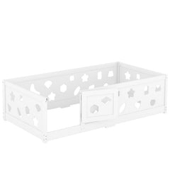 Bellemave® Solid Wood Floor Bed with Heightened Safety Guardrails and Door(No Slats Included) - Bellemave