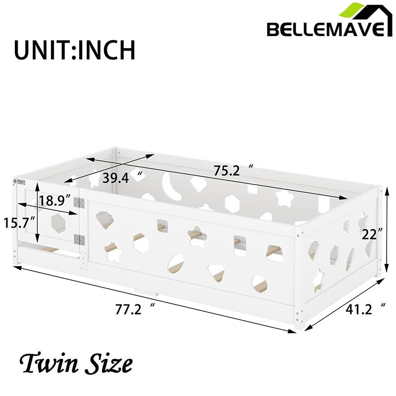 Bellemave® Solid Wood Floor Bed with Heightened Safety Guardrails and Door(with Slats) - Bellemave