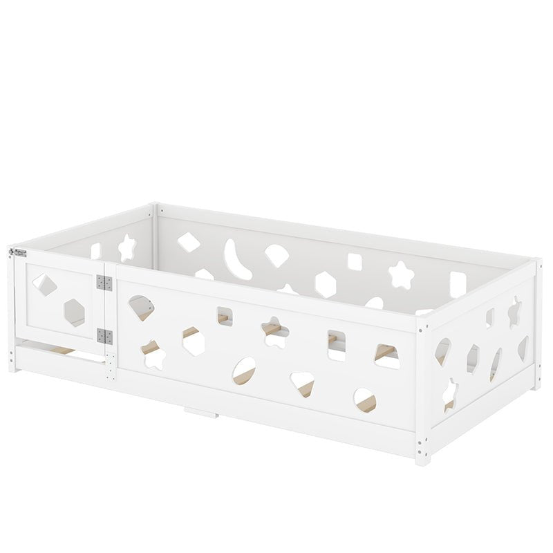 Bellemave® Solid Wood Floor Bed with Heightened Safety Guardrails and Door(with Slats) - Bellemave