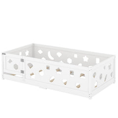 Bellemave® Solid Wood Floor Bed with Heightened Safety Guardrails and Door(with Slats) - Bellemave