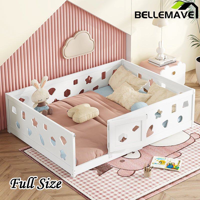 Bellemave® Solid Wood Floor Bed with Heightened Safety Guardrails and Door(with Slats) - Bellemave