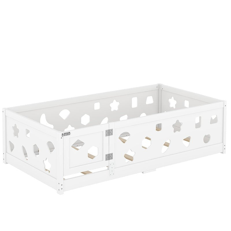 Bellemave® Solid Wood Floor Bed with Heightened Safety Guardrails and Door(with Slats) - Bellemave