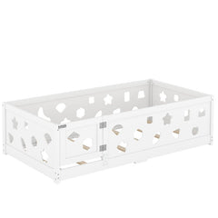 Bellemave® Solid Wood Floor Bed with Heightened Safety Guardrails and Door(with Slats) - Bellemave