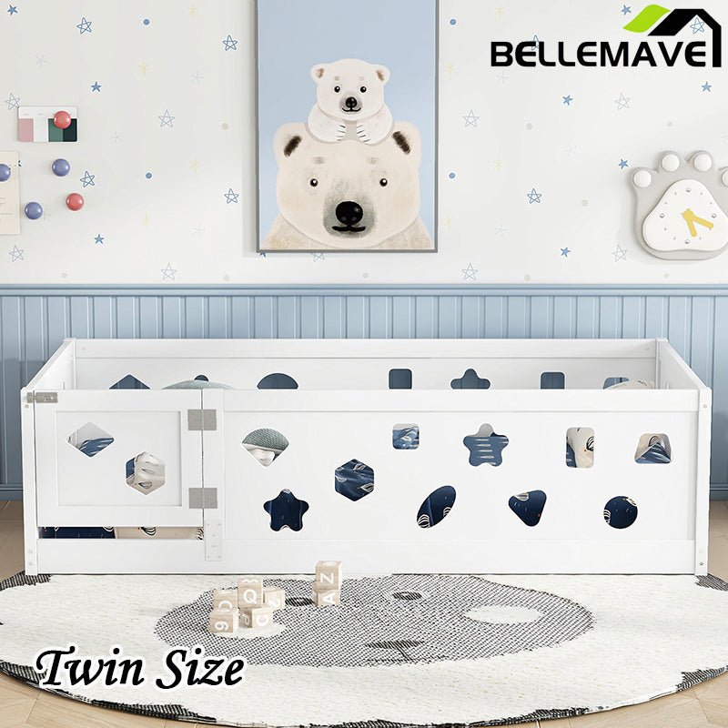 Bellemave® Solid Wood Floor Bed with Heightened Safety Guardrails and Door(with Slats) - Bellemave