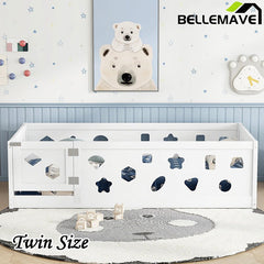 Bellemave® Solid Wood Floor Bed with Heightened Safety Guardrails and Door(with Slats) - Bellemave