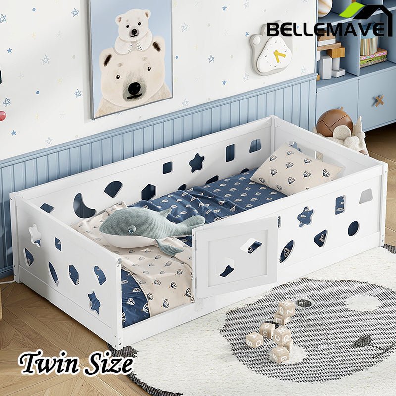 Bellemave® Solid Wood Floor Bed with Heightened Safety Guardrails and Door(with Slats) - Bellemave