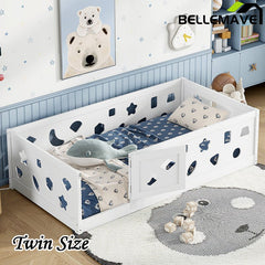 Bellemave® Solid Wood Floor Bed with Heightened Safety Guardrails and Door(with Slats) - Bellemave
