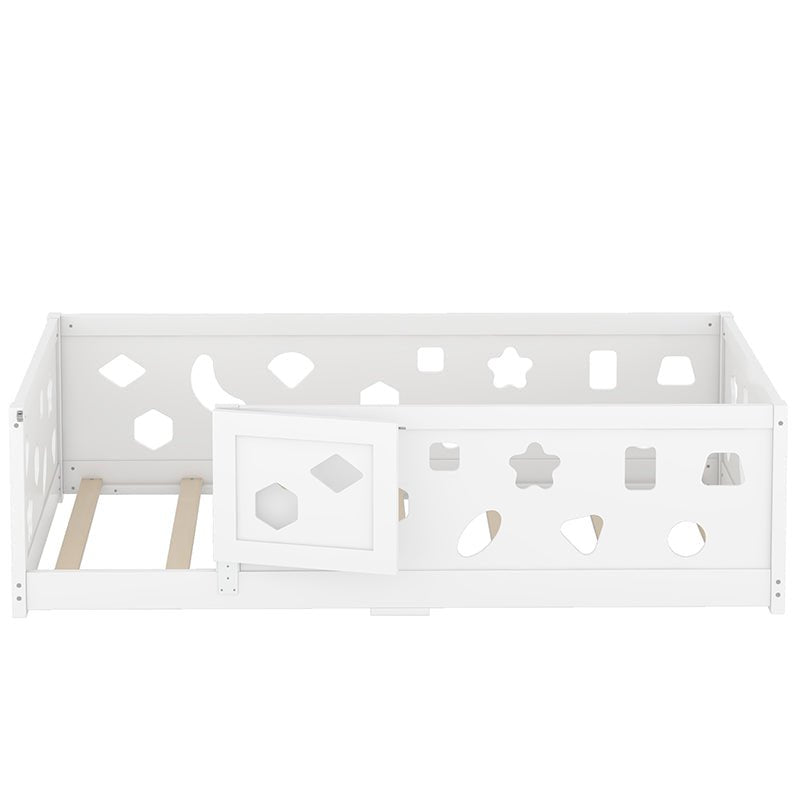 Bellemave® Solid Wood Floor Bed with Heightened Safety Guardrails and Door(with Slats) - Bellemave