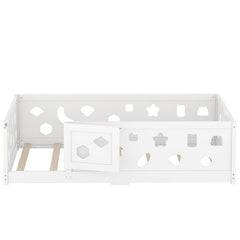 Bellemave® Solid Wood Floor Bed with Heightened Safety Guardrails and Door(with Slats) - Bellemave