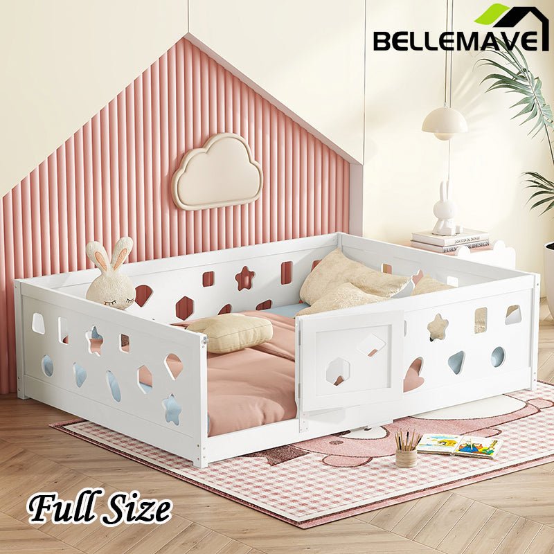 Bellemave® Solid Wood Floor Bed with Heightened Safety Guardrails and Door(with Slats) - Bellemave