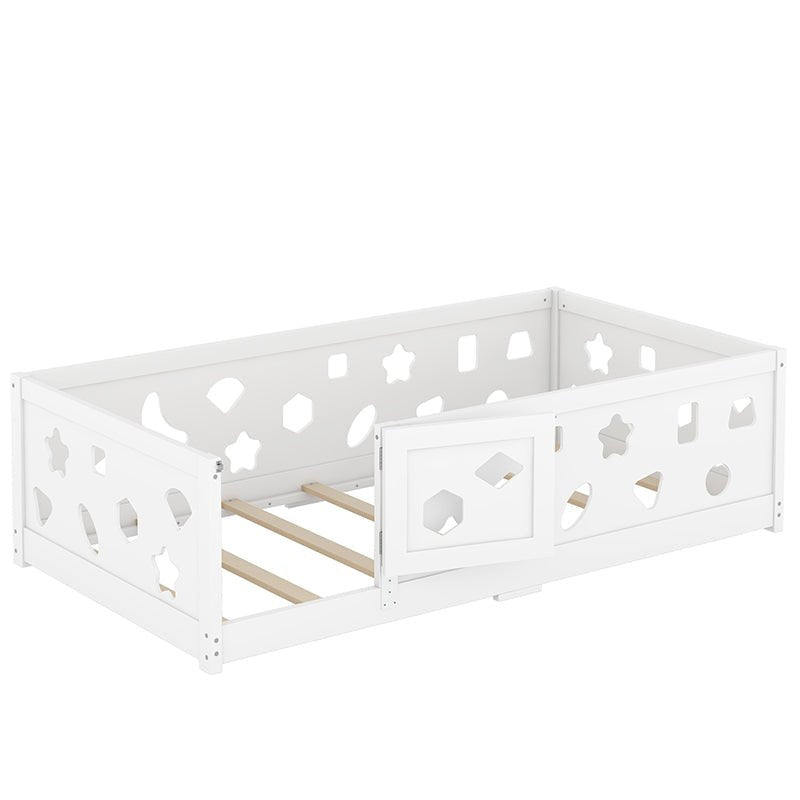 Bellemave® Solid Wood Floor Bed with Heightened Safety Guardrails and Door(with Slats) - Bellemave