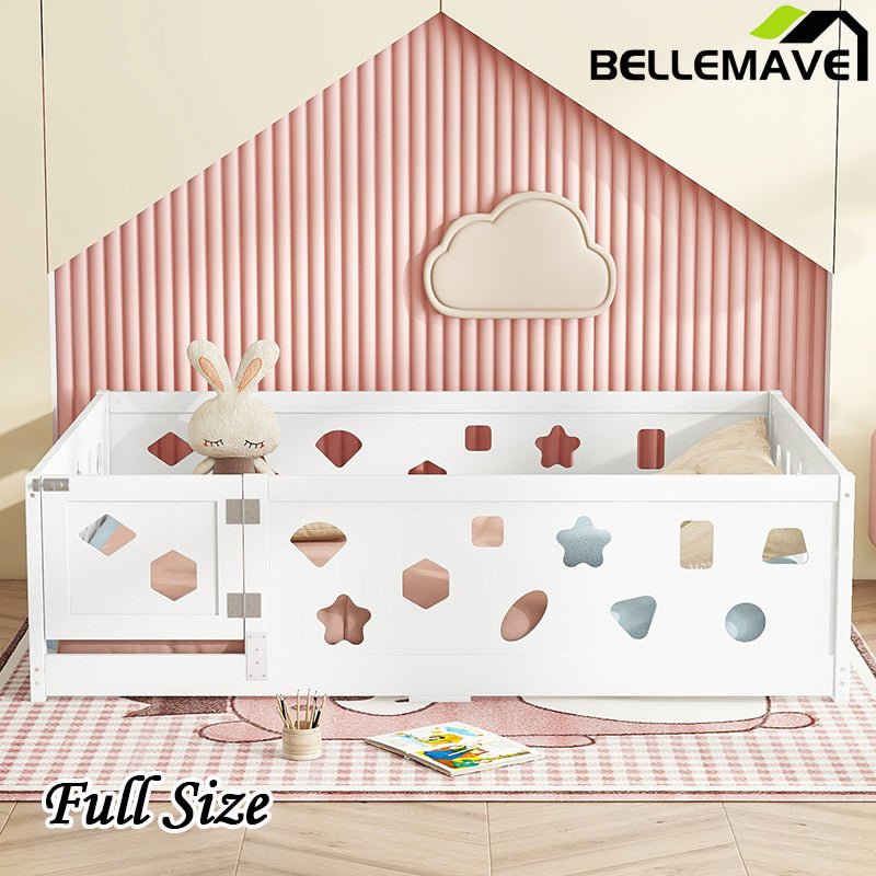 Bellemave® Solid Wood Floor Bed with Heightened Safety Guardrails and Door(with Slats) - Bellemave