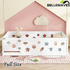 Bellemave® Solid Wood Floor Bed with Heightened Safety Guardrails and Door(with Slats) - Bellemave