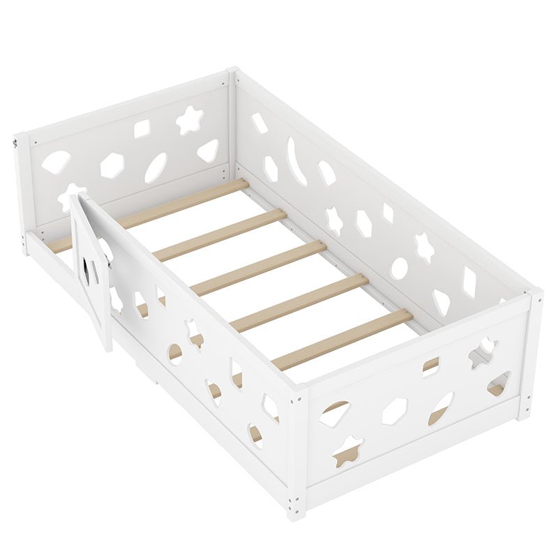 Bellemave® Solid Wood Floor Bed with Heightened Safety Guardrails and Door(with Slats) - Bellemave