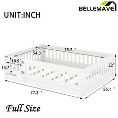 Bellemave® Solid Wood Floor Bed with Slats, Heightened Safety Guardrails and Door - Bellemave