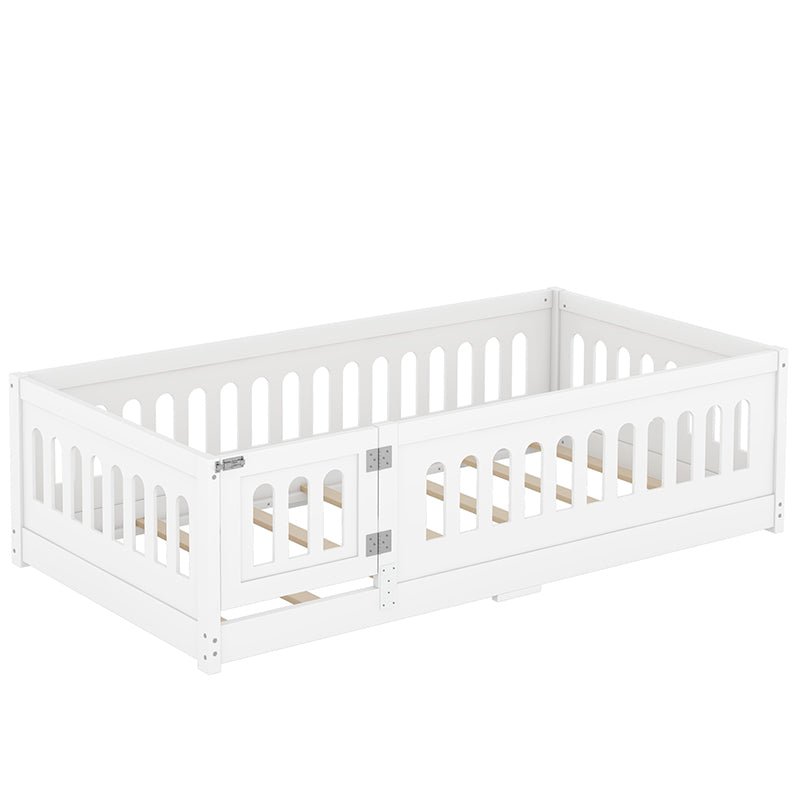 Bellemave® Solid Wood Floor Bed with Slats, Heightened Safety Guardrails and Door - Bellemave