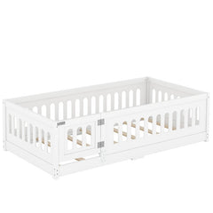 Bellemave® Solid Wood Floor Bed with Slats, Heightened Safety Guardrails and Door - Bellemave