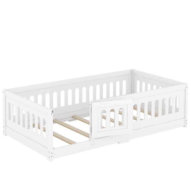 Bellemave® Solid Wood Floor Bed with Slats, Heightened Safety Guardrails and Door - Bellemave
