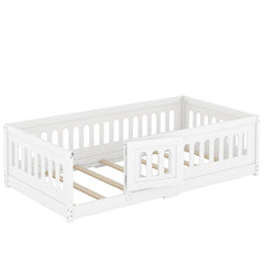 Bellemave® Solid Wood Floor Bed with Slats, Heightened Safety Guardrails and Door - Bellemave