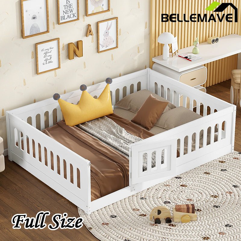 Bellemave® Solid Wood Floor Bed with Slats, Heightened Safety Guardrails and Door - Bellemave