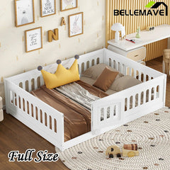 Bellemave® Solid Wood Floor Bed with Slats, Heightened Safety Guardrails and Door - Bellemave