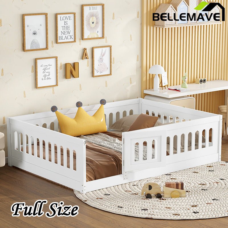 Bellemave® Solid Wood Floor Bed with Slats, Heightened Safety Guardrails and Door - Bellemave