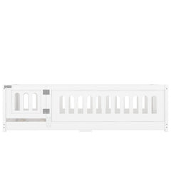 Bellemave® Solid Wood Floor Bed with Slats, Heightened Safety Guardrails and Door - Bellemave