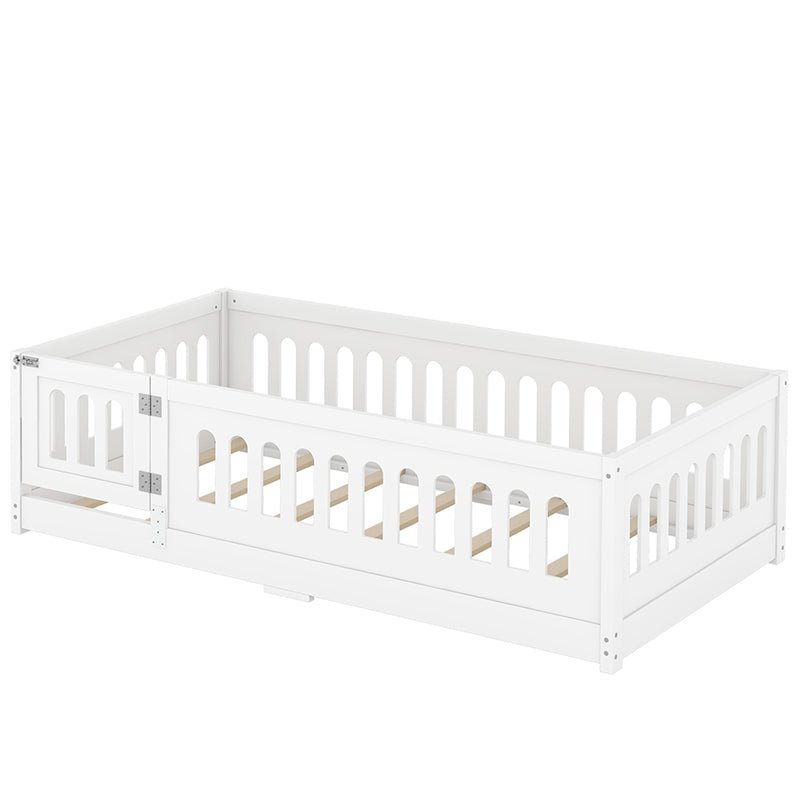 Bellemave® Solid Wood Floor Bed with Slats, Heightened Safety Guardrails and Door - Bellemave