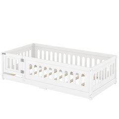 Bellemave® Solid Wood Floor Bed with Slats, Heightened Safety Guardrails and Door - Bellemave