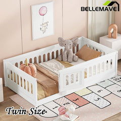Bellemave® Solid Wood Floor Bed with Slats, Heightened Safety Guardrails and Door - Bellemave