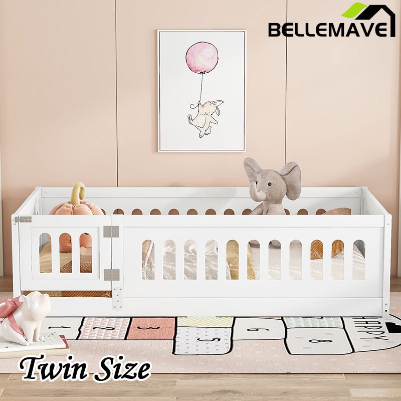 Bellemave® Solid Wood Floor Bed with Slats, Heightened Safety Guardrails and Door - Bellemave