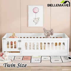 Bellemave® Solid Wood Floor Bed with Slats, Heightened Safety Guardrails and Door - Bellemave